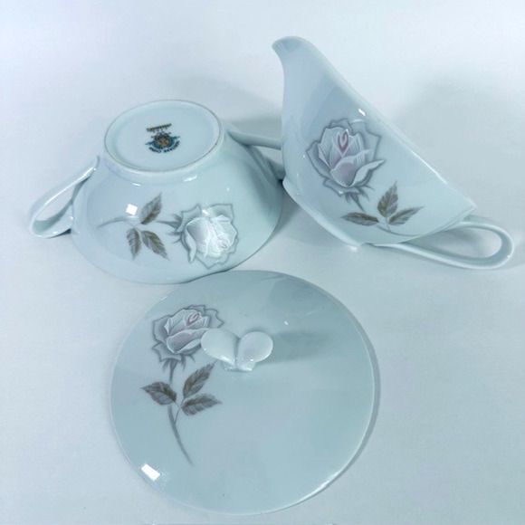 Noritake Edenrose Sugar Bowl w/ Lid & Creamer Set Gray/Pink/White Roses VTG - Picture 1 of 16